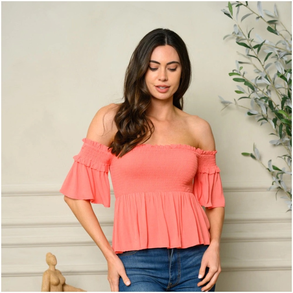 OFF SHOULDER SMOCKED RUFFLE TOP - Picture 3 of 4